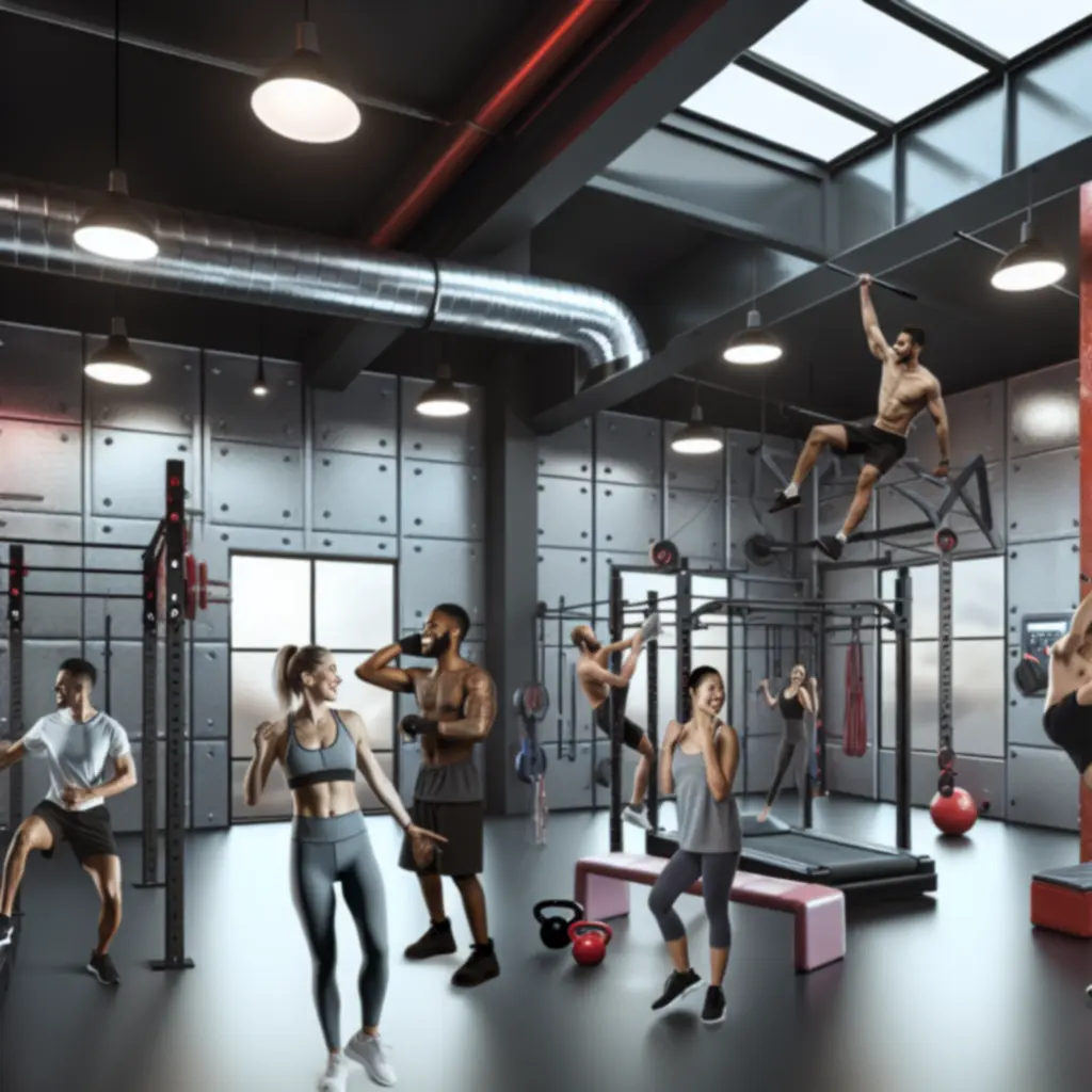 Sportolók dinamikus edzés közben az Iron Cluub modern belső terében.