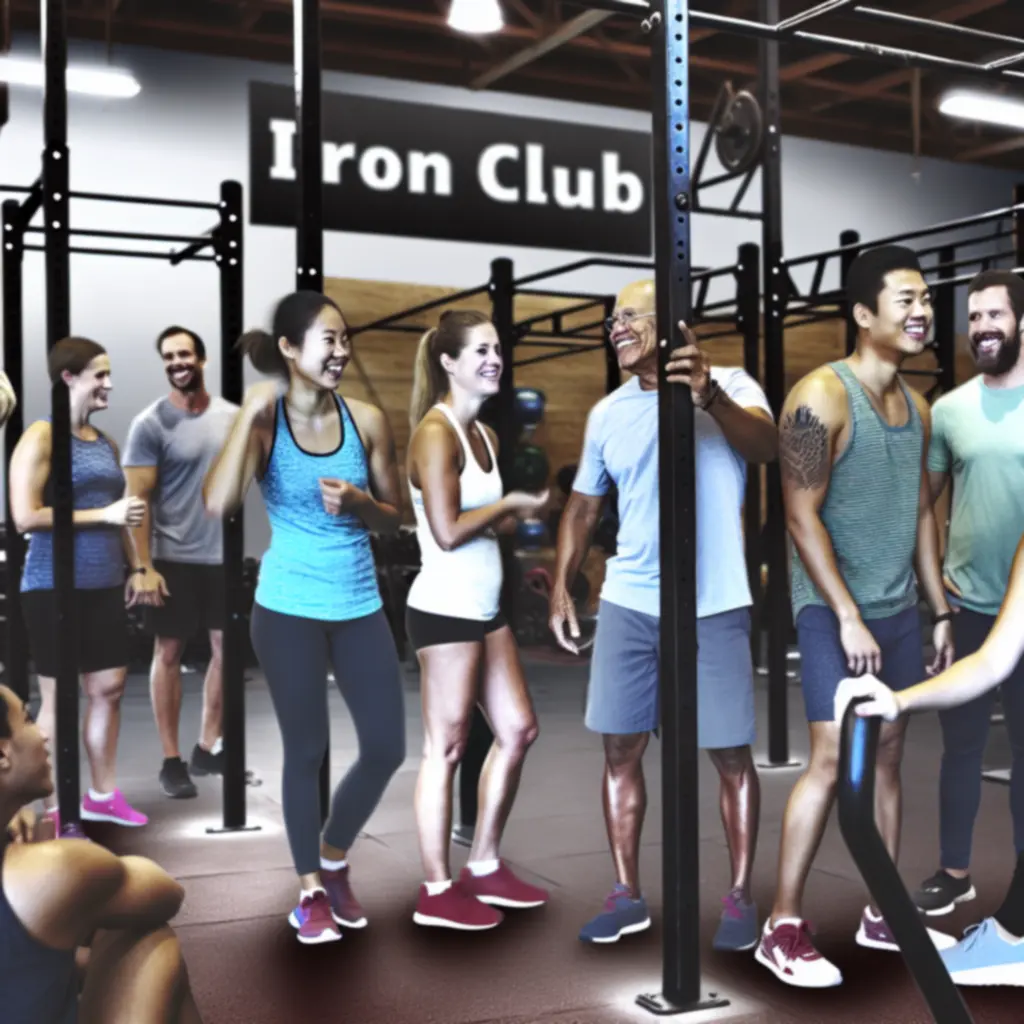 Iron Cluub tagok motiváló edzés közben egy modern fitneszteremben.